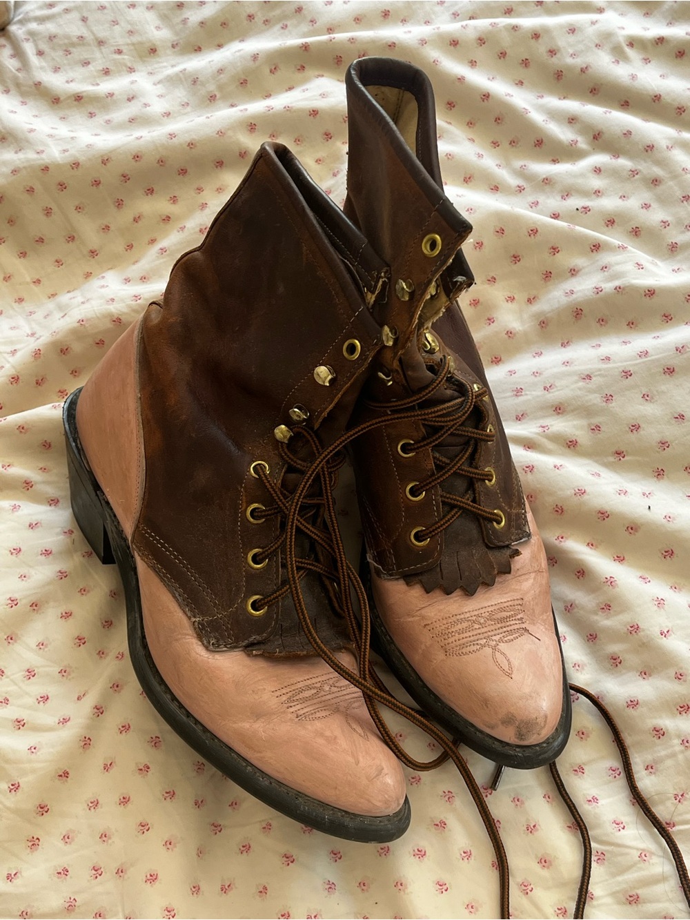 Vintage Brown and Blush Leather Women's Lace-Up Roper Granny Victorian Boots